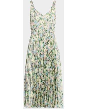 Vince Pleated Painted Garden V-Neck Midi Dress - Green