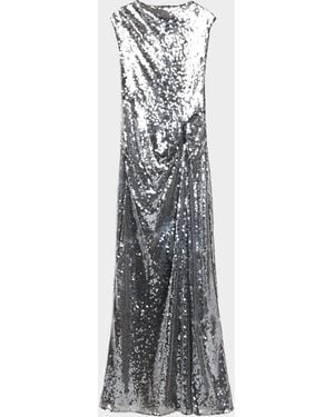 LAPOINTE Draped Sequined Mesh Sleeveless Gown - White