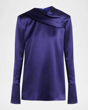 Tom Ford Draped Silk Long-Sleeve Tunic Blouse - Blue