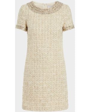Mac Duggal Short-Sleeve Boucle Mini Dress With Rhinestones - Natural