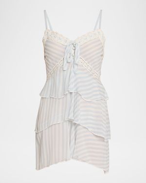 LoveShackFancy Marlia Striped Lace-Trim Mini Dress - White