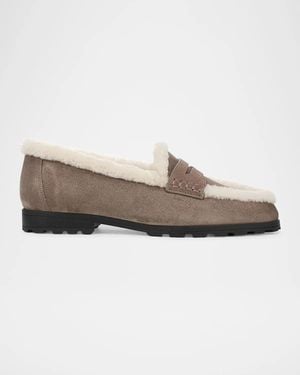 Veronica Beard Shearling-Lined Suede Lug Penny Loafers - Gray