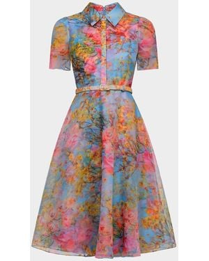 THEIA Marcel Floral-Print Organza Midi Dress - White