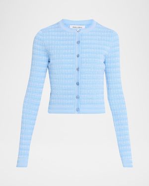 Prabal Gurung Striped Rib Knit Fitted Crewneck Cardigan - Blue