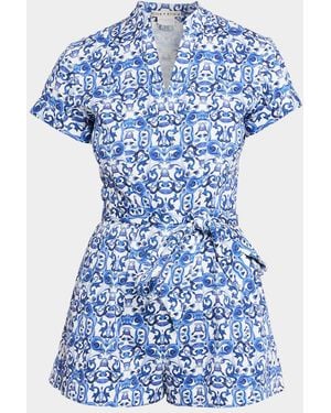 Alice + Olivia Lucy Roll-Sleeve Romper - Blue