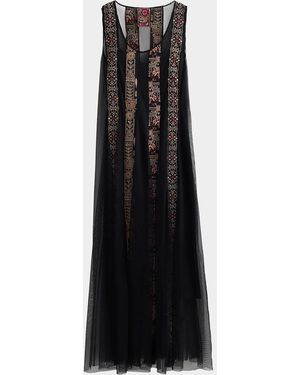 Johnny Was Ilenia Geometric Embroidered Mesh Maxi Dress - Black