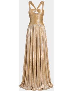 retroféte Solace Metallic Pleated Halter Maxi Dress - Natural