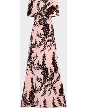 Lela Rose Flocked Taffeta Off-The-Shoulder A-Line Gown - Multicolor