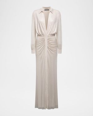 BCBGMAXAZRIA Plunging Metallic Mesh Shirt Gown - White