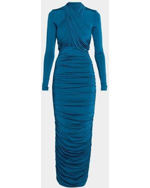 Balmain Crisscross Draped Long-Sleeve Jersey Ankle Dress - Blue