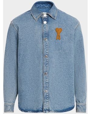 Ami Paris Apos;S Denim Overshirt With Crochet Ami De Coeur - Blue