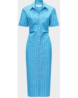 Callas Milano Lou Pleated Striped Cotton Midi Shirtdress - Blue