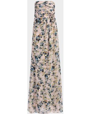 Cinq À Sept Magy Trailing Iris Floral Strapless Gown - White