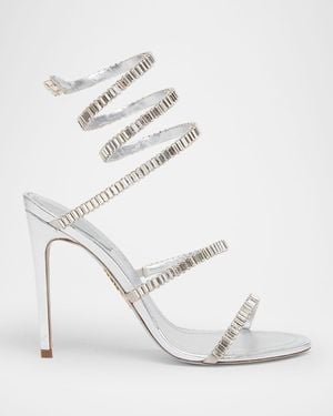 Rene Caovilla Metallic Leather Strass Snake Ankle Wrap Sandals - White