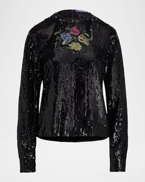 Ralph Lauren Sharon Sequined Tulle Long-Sleeve Top - Black