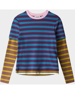 STAUD Dillon Striped Stretch-Cotton Top - Blue