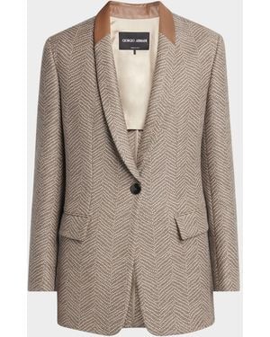 Giorgio Armani Chevron Wool Single-Breasted Blazer With Leather Trim - Brown