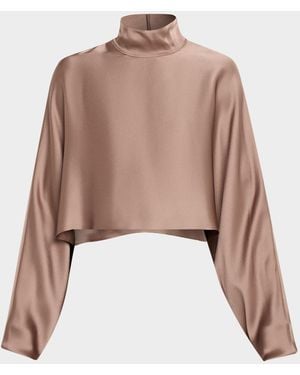LAPOINTE Satin Long-Sleeve Caftan Crop Top - Natural