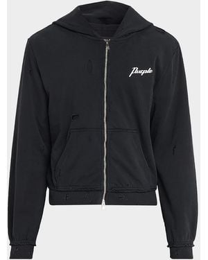 Purple Apos;S Logo Cotton Distressed Shrunken Hoodie - Blue