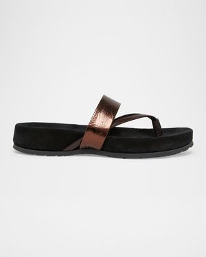 Dries Van Noten Mosaicon Metallic Leather Flat Thong Sandals - Black