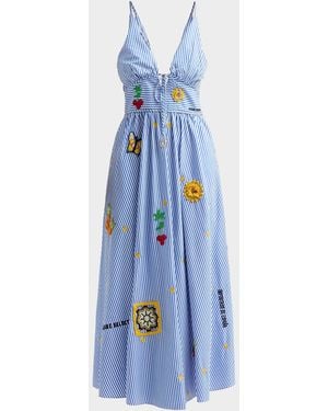 CAMILLA Crochet Appliqué Striped Cotton Midi Dress - Blue