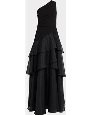 Aidan Mattox One-Shoulder Ruffle Tiered Gown - Black
