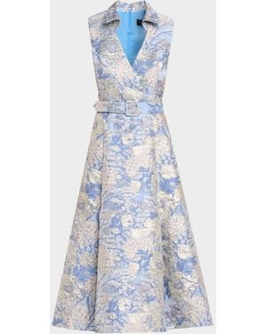 Aidan Mattox Belted Metallic Floral Jacquard Midi Dress - Blue