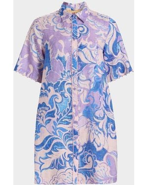 Johnny Was Floral-Print Linen Mini Shirtdress - Blue