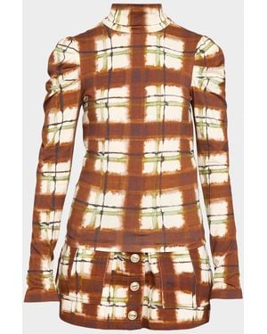 Cara Cara Chira Blurred Plaid Turtleneck Top - Brown