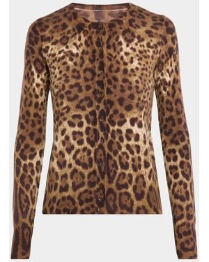 Neiman Marcus Cashmere Animal-Print Crewneck Cardigan - Brown