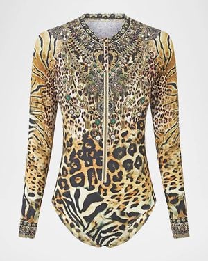 CAMILLA Leotigra Printed Zip-Front Rashguard Swimsuit - White