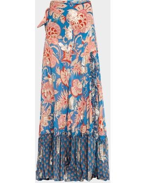 Etro Ruffled Slit Metallic Silk Maxi Skirt - Blue
