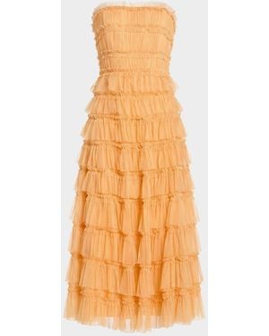 Mac Duggal Mesh Ruffled Strapless Midi-Dress - Orange