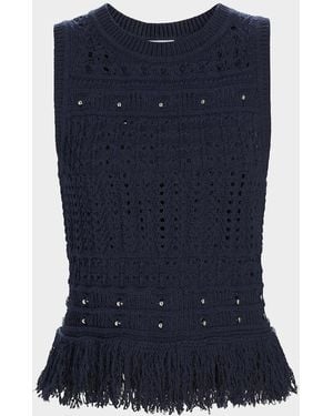 MILLY Beaded Fringe Knit Sleeveless Top - Blue