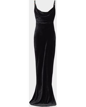 Balmain Embellished-Strap Velvet Gown - Black