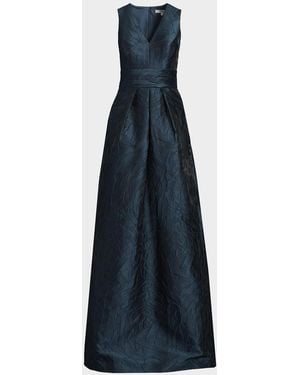 Kay Unger Mariah V-Neck Sleeveless Jacquard A-Line Gown - Blue