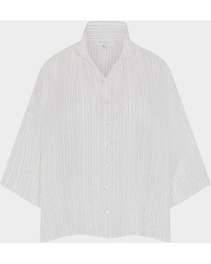 Eskandar Sloped Shoulder Wide A-Line Pleated Collar Short Sleeve Shirt - White