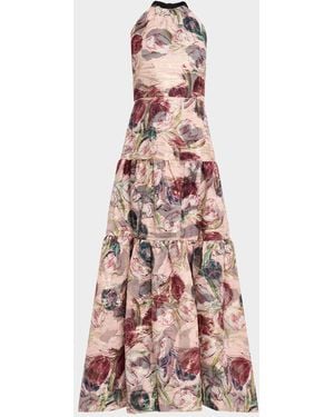 MILLY Gizelle Tiered Floral Brocade Halter Gown - Pink