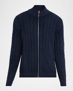 Kiton Washed Cashmere Cable Knit Full-Zip Sweater - Blue