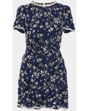 MILLY Daisy Crystal Embroidered Scalloped Mini Dress - Blue