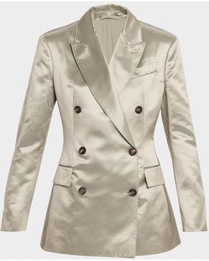 Brunello Cucinelli Cotton-Silk Satin Double-Breasted Blazer Jacket - Natural