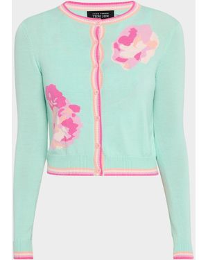 Teri Jon Cropped Floral Knit Cardigan - Blue