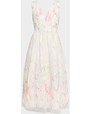 MILLY Tinsley Floral-Embroidered Mesh Midi Dress - White