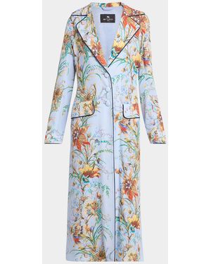 Etro Floral Jersey Single-Breasted Long Coat - Blue