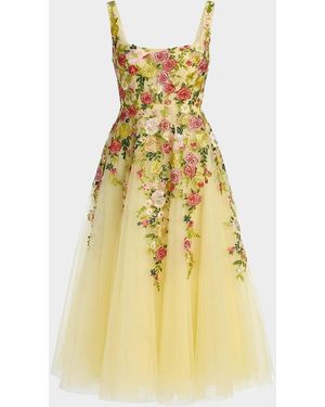 Mac Duggal Floral-Embroidered Tulle A-Line Midi Dress - Yellow