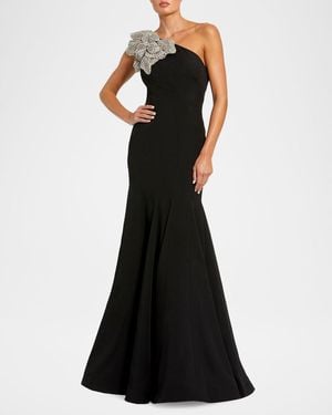 Mac Duggal One-Shoulder Trumpet Gown W/ Crystal Flower - Black