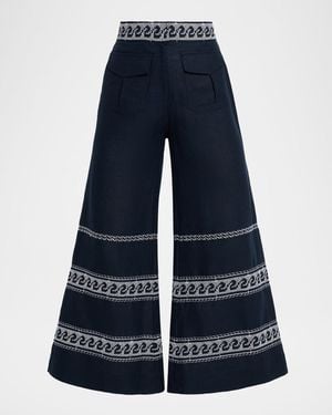 Silvia Tcherassi Zina Embroidered Linen Flare Crop Pants - Blue
