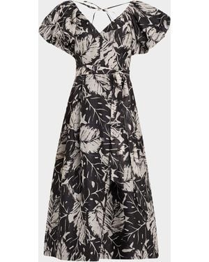 Teri Jon Pleated Botanical-Print Midi Dress - Multicolor