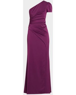 Aidan Mattox Pleated One-Shoulder Crepe Back Satin Gown - Purple