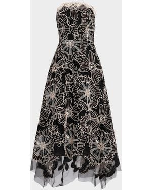 Teri Jon Strapless Floral-Embroidered Tulle Maxi Dress - White